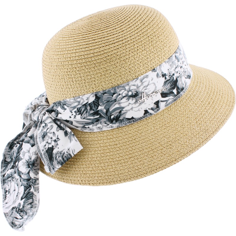 Paper braid floppy hat with pattern scarf