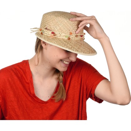casquette femme en paille naturelle avec perles
