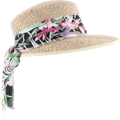casquette en paille femme avec foulard motif tropical