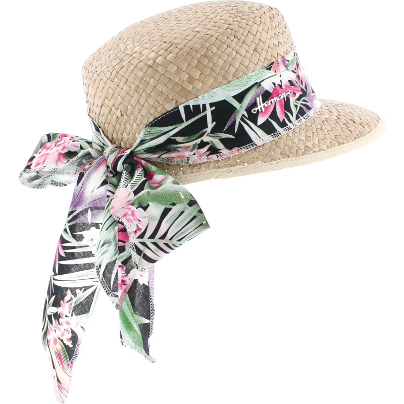 Casquette en paille naturelle unie avec foulard