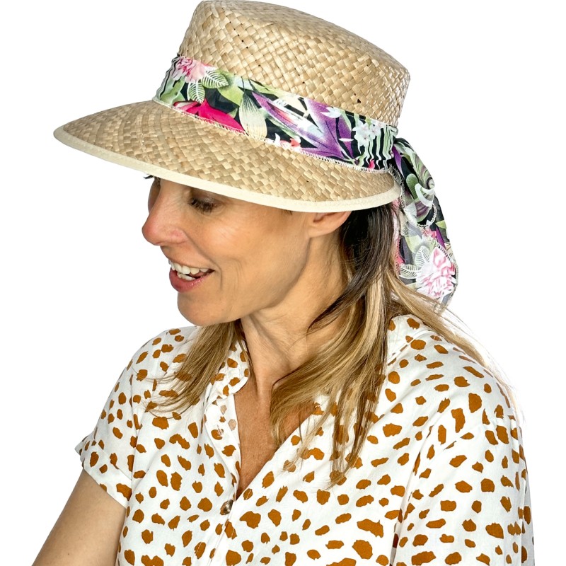 Casquette en paille naturelle unie avec foulard