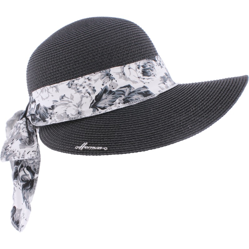 Casquette en paille papier cousue unie avec décoration foulard à motif