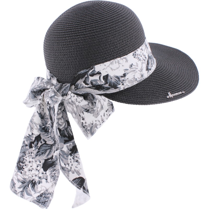 Casquette en paille papier cousue unie avec décoration foulard à motif