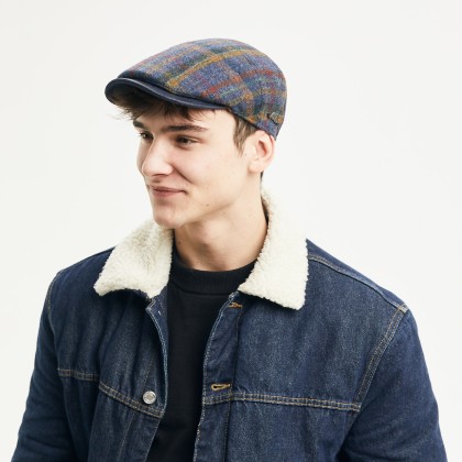 Checked tweed flat cap, with plain visor