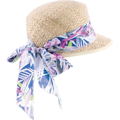 casquette en paille naturelle avec foulard tropical