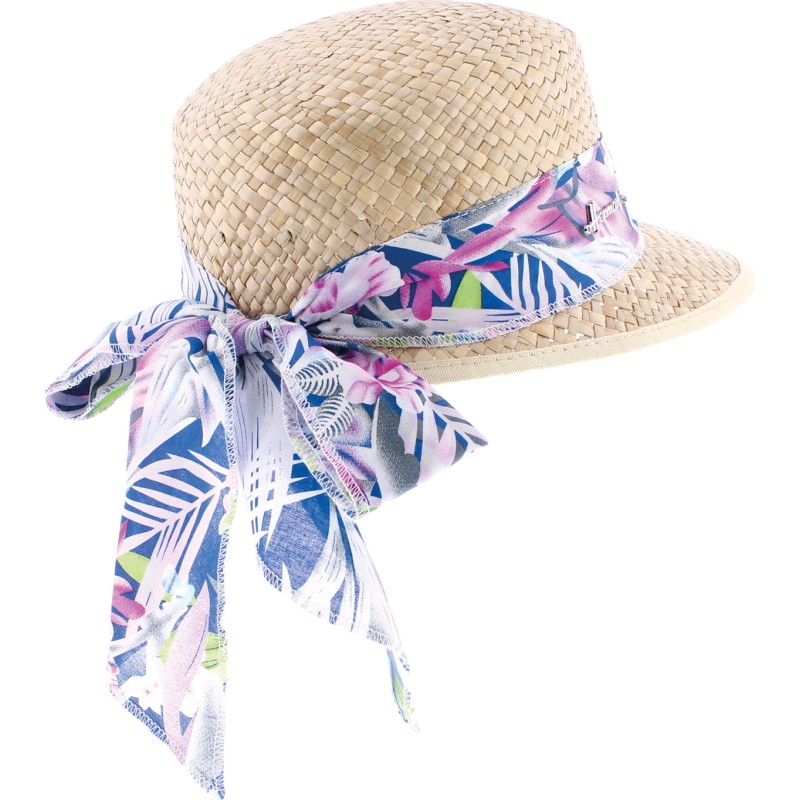 casquette en paille naturelle avec foulard tropical