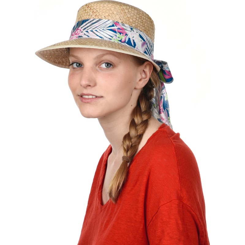 Casquette en paille naturelle unie avec foulard