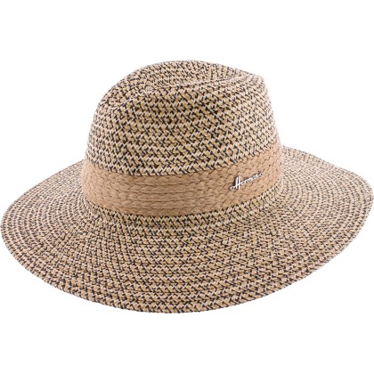 Chapeau grand bord chiné, galon en paille naturelle tressée, cordon de