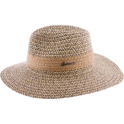 Large brim heather  hat with natural straw trim and internal drawstrin