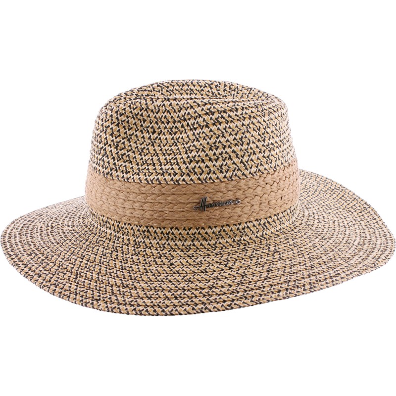 Chapeau grand bord chiné, galon en paille naturelle tressée, cordon de