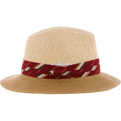 Wide trim straw hat with scarf. Big sun protection close to UPF 30