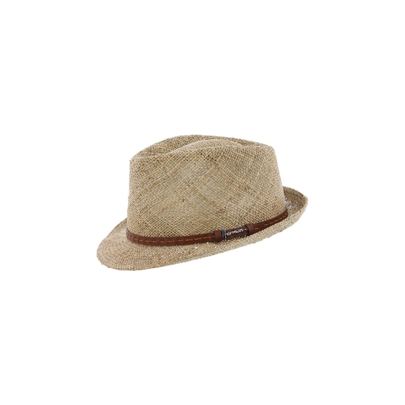 Chapeau petit bord relevé en paille seagrass uni avec fine ceinture en