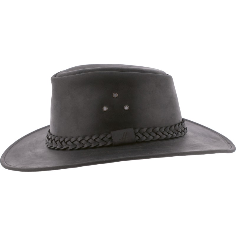 Chapeau grand bord en cuir véritable avec oeillets méta