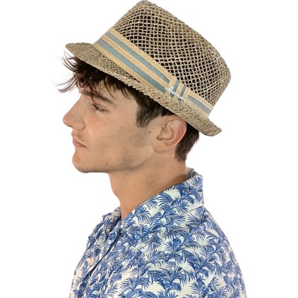 Chapeau petit bord relevé en paille seagrass ajourée unie avec large c