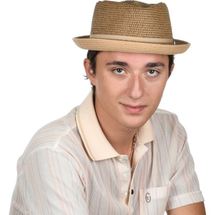 Chapeau Porkpie en paille papier cousue avec cordon de