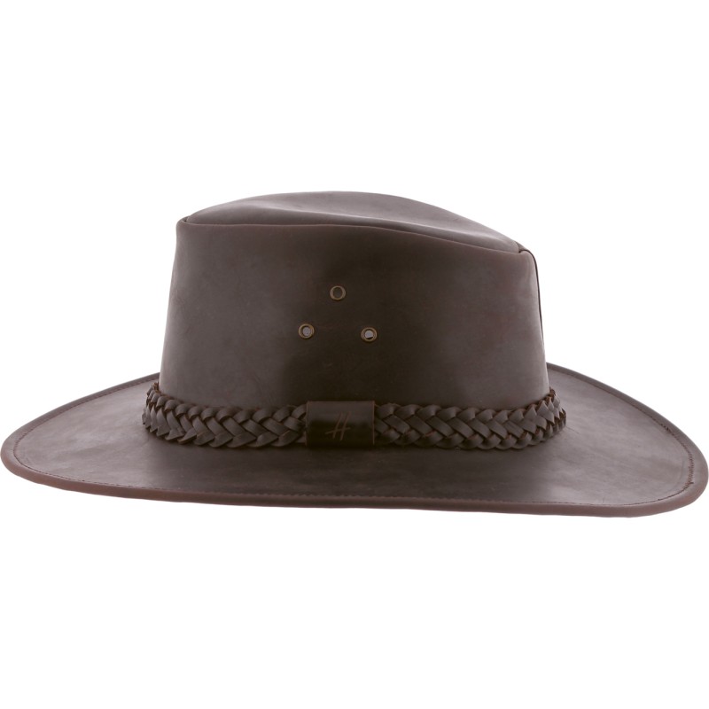 Chapeau grand bord en cuir véritable avec oeillets méta