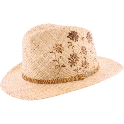 Large brim hat, in raffia straw, with braided hatband, hot-stamped flo