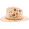 Large brim hat, in raffia straw, with braided hatband, hot-stamped flo