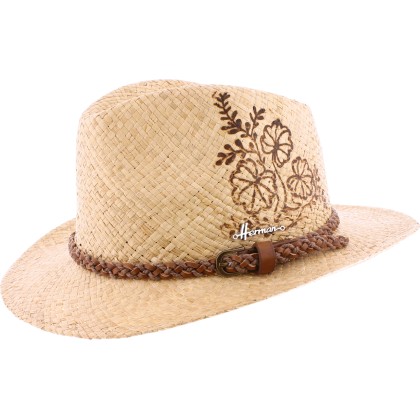 Large brim hat, in raffia straw, with braided hatband, hot-stamped flo