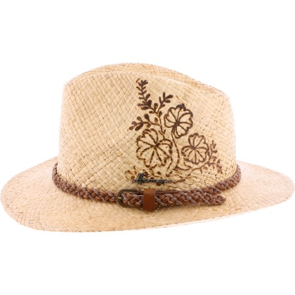 Chapeau grand bord en paille raphia avec bandeau tressé et motif flora