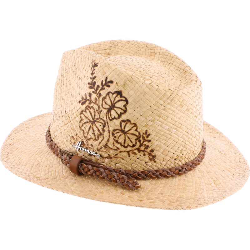 Large brim hat, in raffia straw, with braided hatband, hot-stamped flo