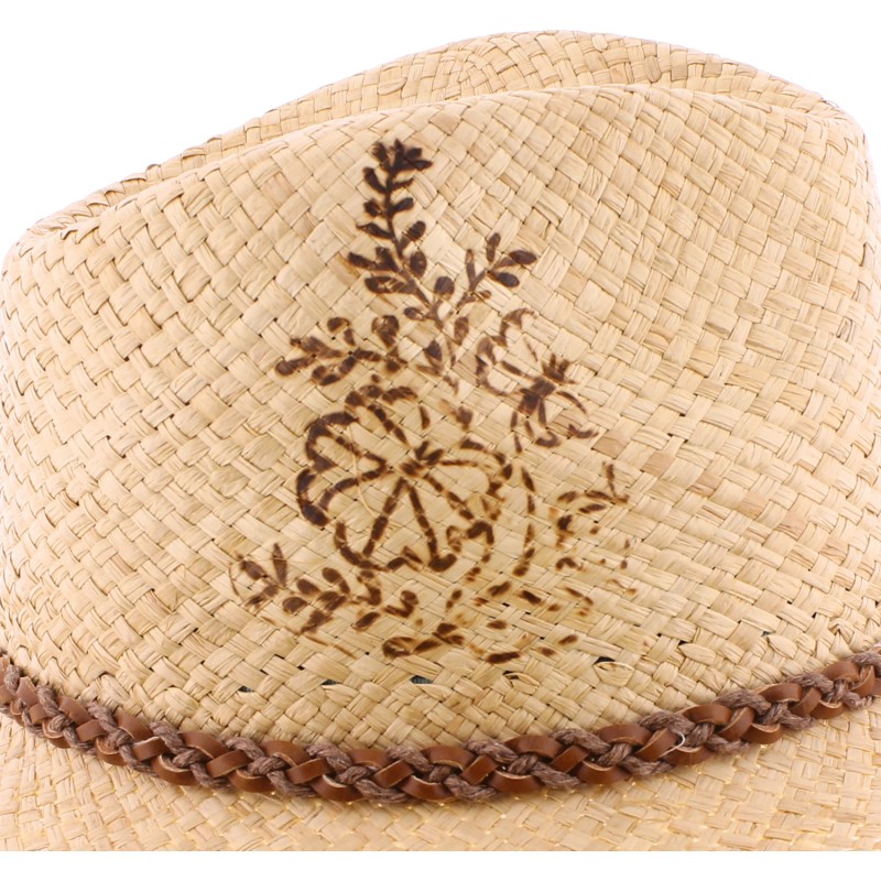 Large brim hat, in raffia straw, with braided hatband, hot-stamped flo