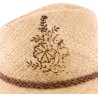 Large brim hat, in raffia straw, with braided hatband, hot-stamped flo