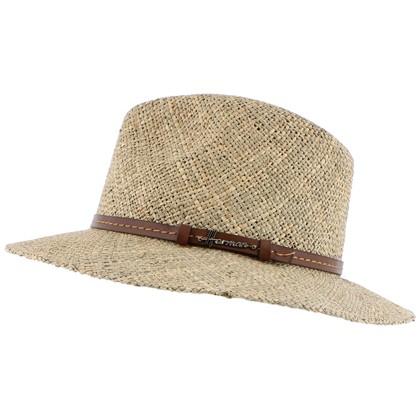 Chapeau grand bord droit en paille seagrass uni avec fine ceinture fau