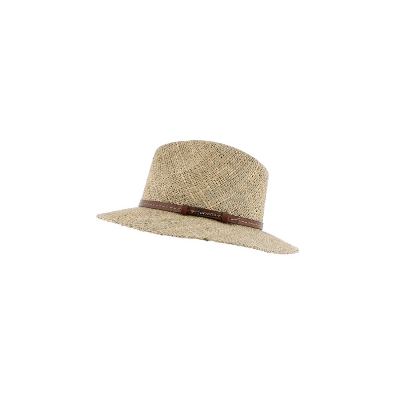 Chapeau grand bord droit en paille seagrass uni avec fine ceinture fau