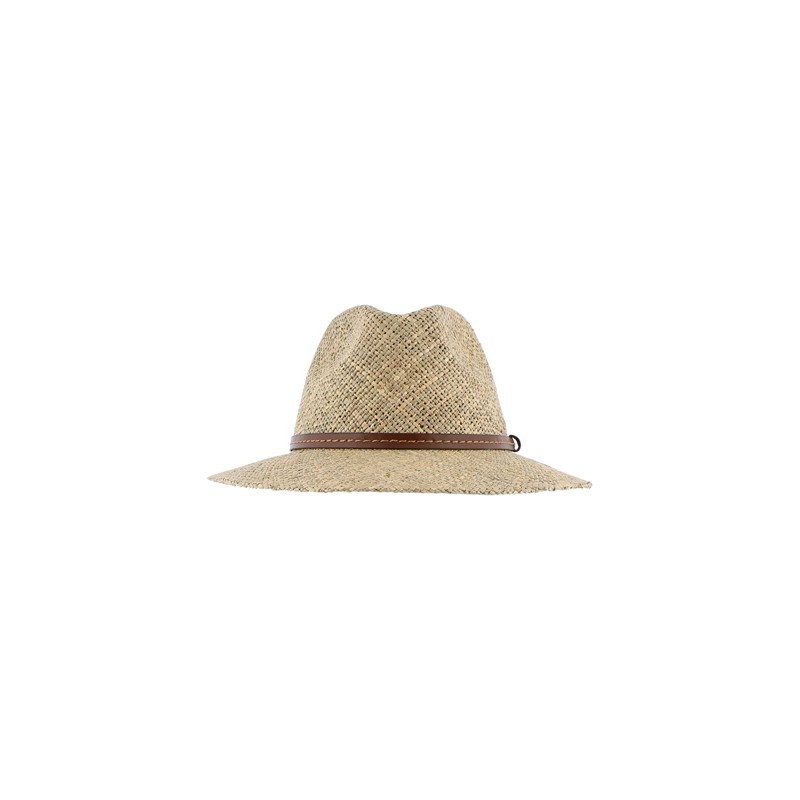 Chapeau grand bord droit en paille seagrass uni avec fine ceinture fau