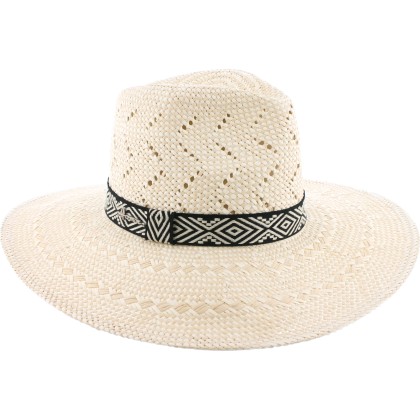 Large brim hat, in paper straw, geometric hatband and internal drawstr