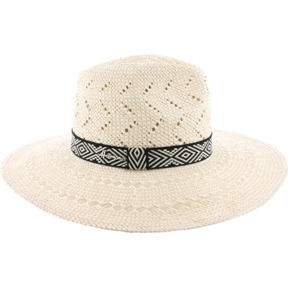 Large brim hat, in paper straw, geometric hatband and internal drawstr
