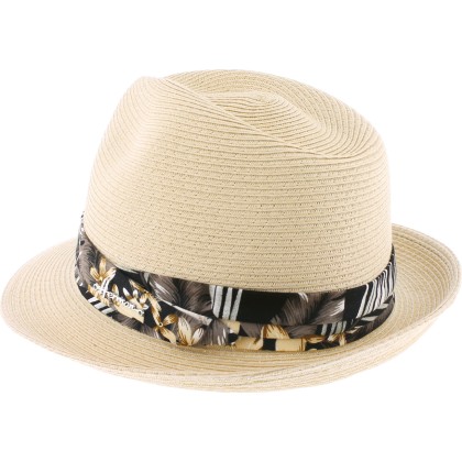 Chapeau petit bord relevé à l'arrière en paille papier cousue bandeau