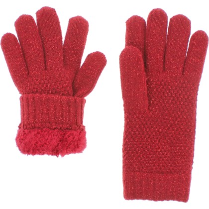 gant femme rouge en maille avec fil lurex et doublure en teddy plush