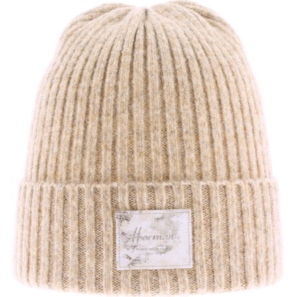 Women's mottled knit beanie with badge and turn-ups
