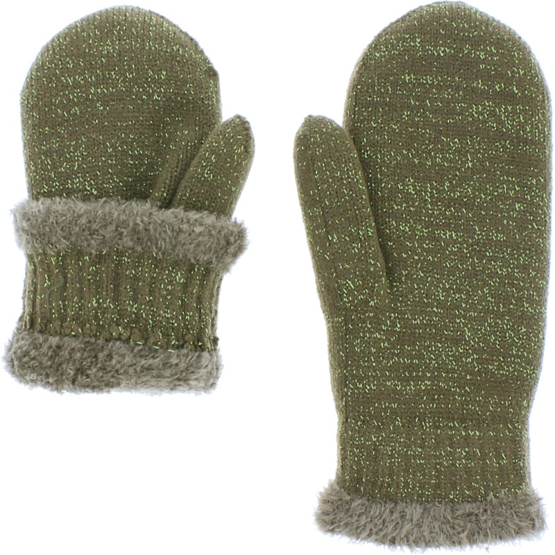 Women's plain knit mittens with lurex wrist and teddy plush lining