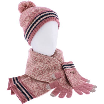 Set composé d'un bonnet à revers et pompon en fils, d'une écharpe de 2