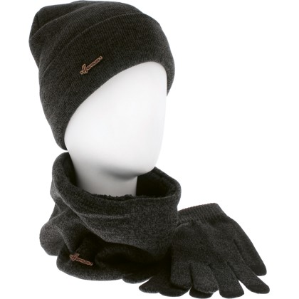 Set consisting of a plush-lined cuffed beanie, a neck warmer and a pai
