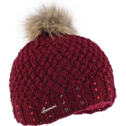 Knitted beanie with fake fur pompom