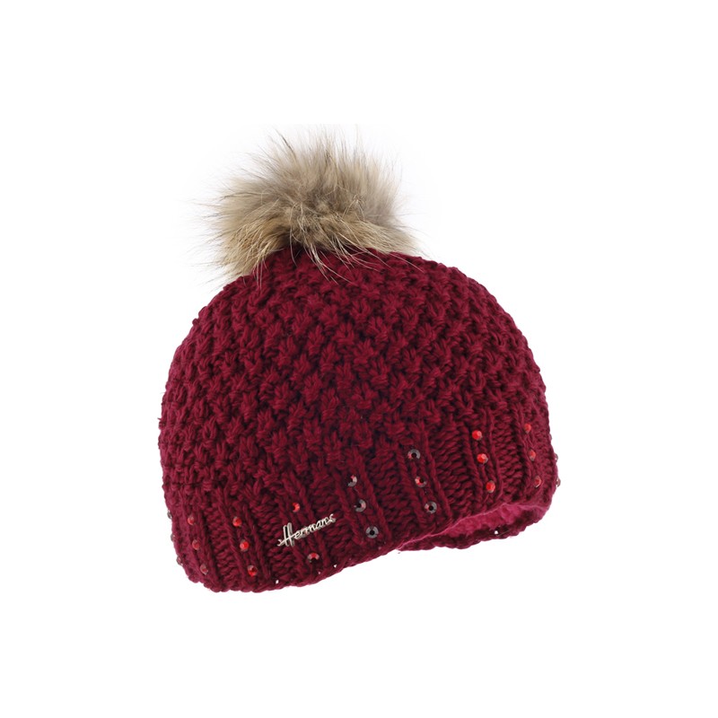 Knitted beanie with fake fur pompom