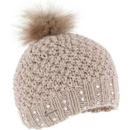 Bonnet grosse maille tricoté main + strass et pompon fausse fourrure