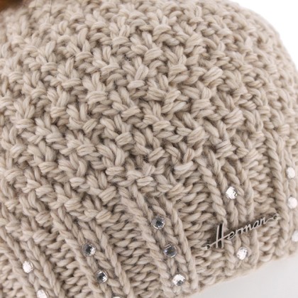 Bonnet grosse maille tricoté main + strass et pompon fausse fourrure