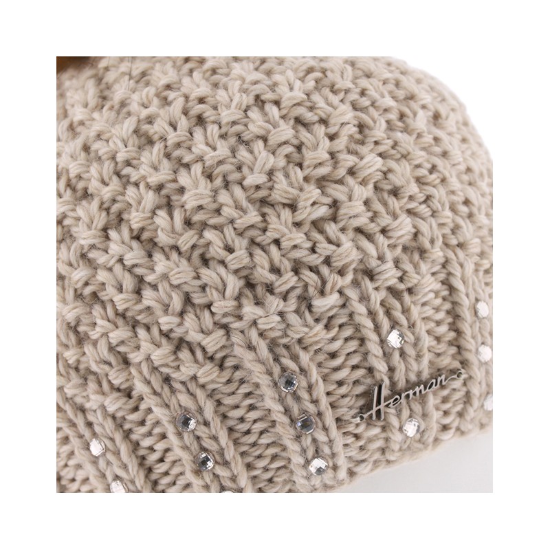 Bonnet grosse maille tricoté main + strass et pompon fausse fourrure