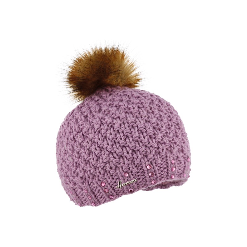 Bonnet enfant grosse maille tricoté main + strass et pompon fausse fou