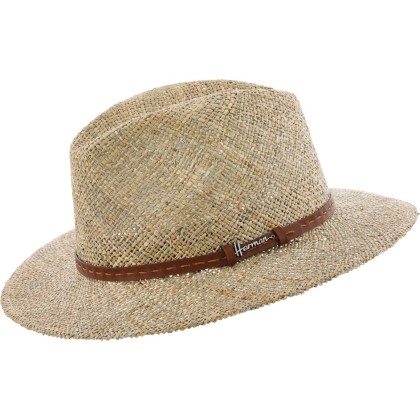 Chapeau grand bord droit en paille seagrass uni avec fine ceinture fau