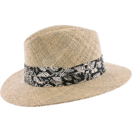 Chapeau grand bord droit en paille seagrass uni avec fine ceinture fau