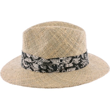 Chapeau grand bord droit en paille seagrass uni avec fine ceinture fau