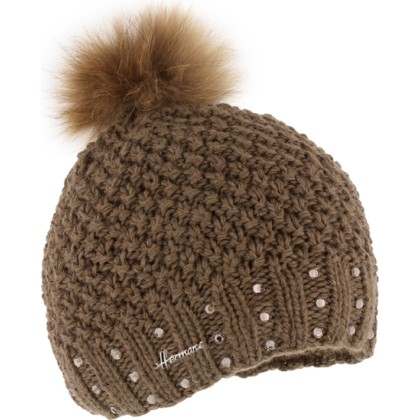 Knitted beanie with fake fur pompom