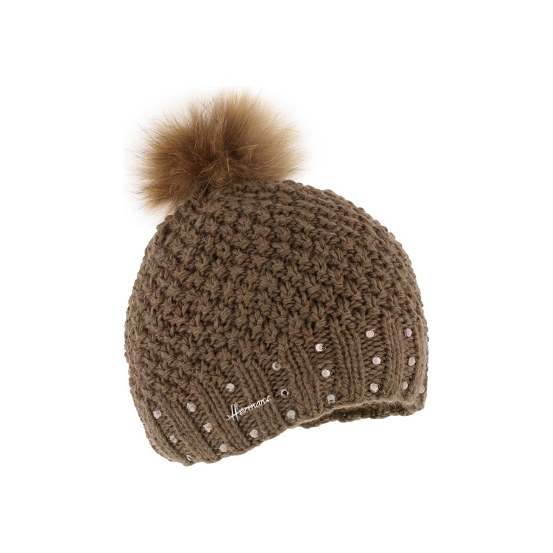 Knitted beanie with fake fur pompom