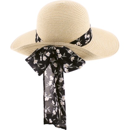 Large brim hat raised at the back in paper braid with flower pattern s